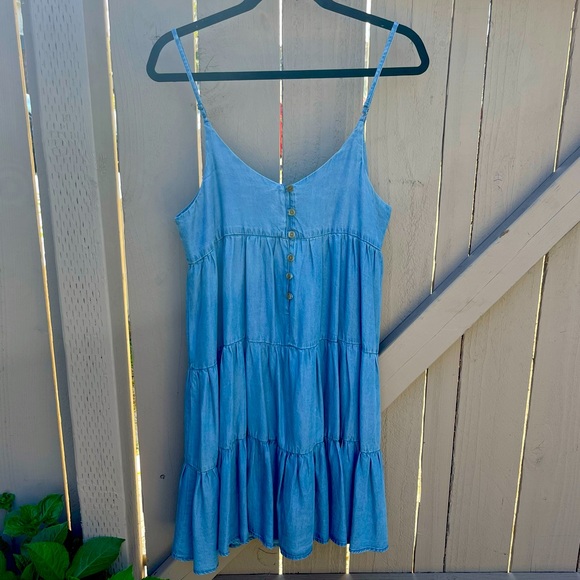 Aqua Denim Tiered Babydoll Mini Dress - Picture 2 of 6